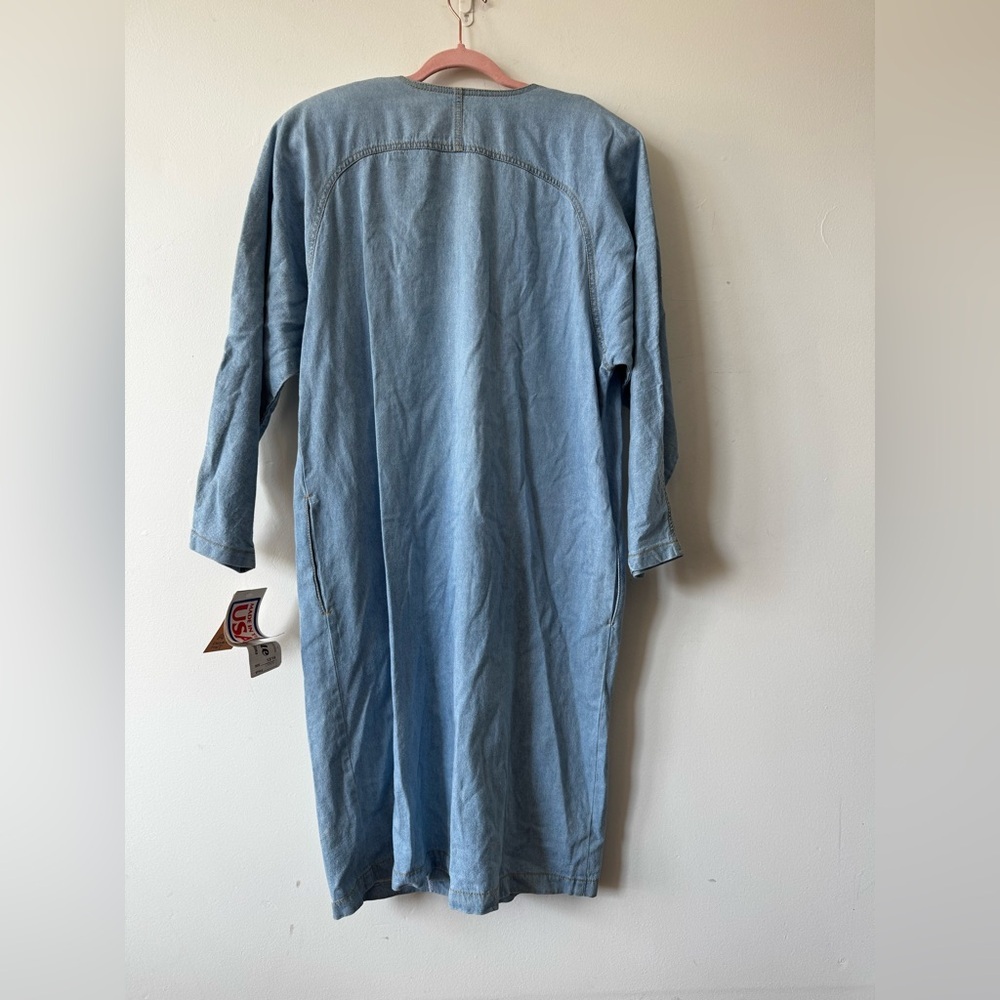 Vintage Denim Midi Dress Pearl Beaded Floral Appliqué Button Front Long Sleeve M - Picture 7 of 8